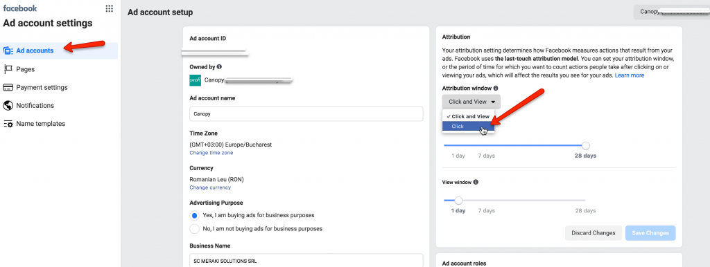 change attribution window in facebook ads