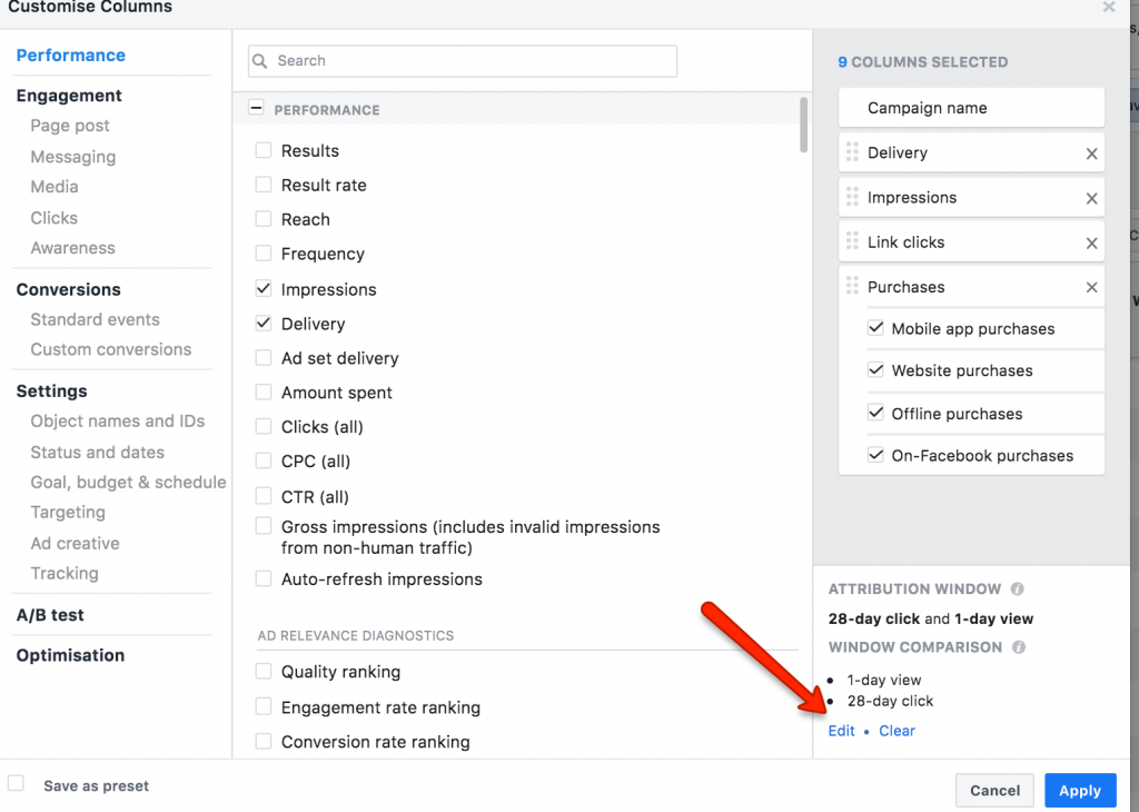 compare attribution window in analytics